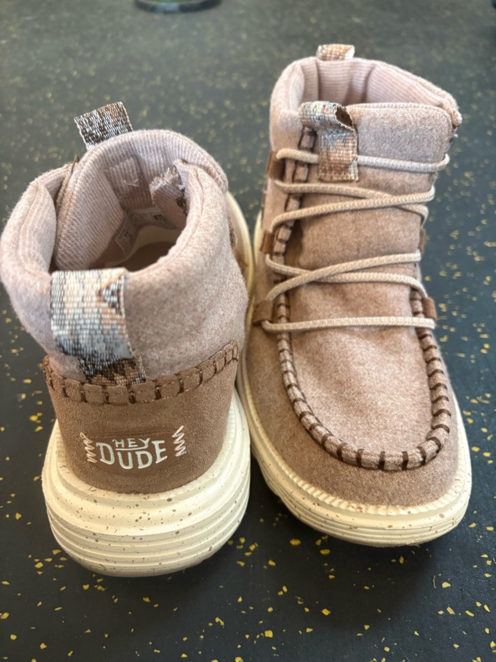 Hey Dude women’s Blush Pink Tan High-Top Moccasin Sneakers